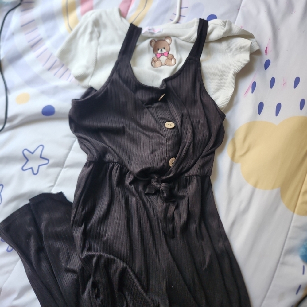 Black Sleeveless Jumpsuit with Bear Patch Tee AND JACKET